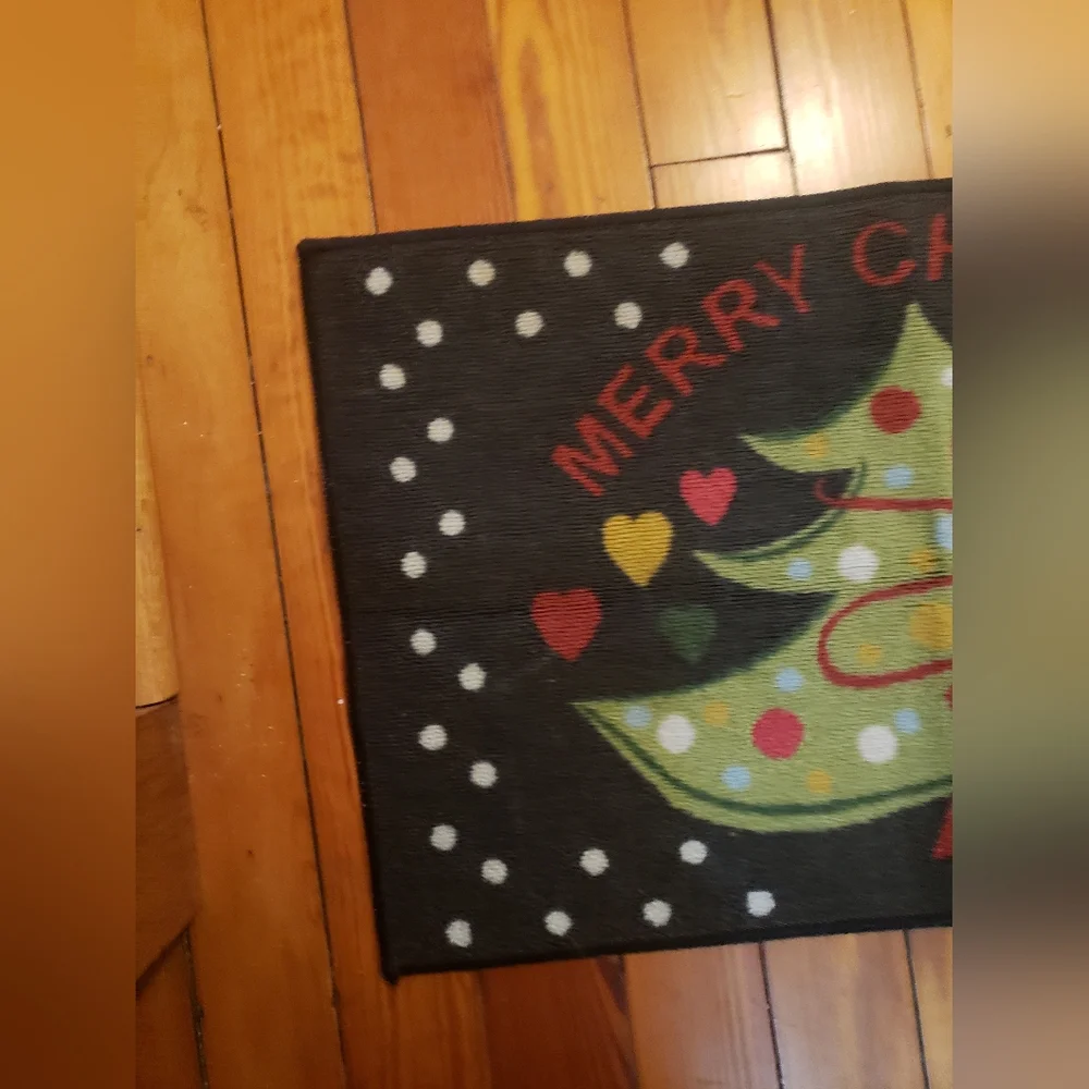 Merry Christmas Tree Doormat Rug Black W Colorful Hearts Polka Dot Snow